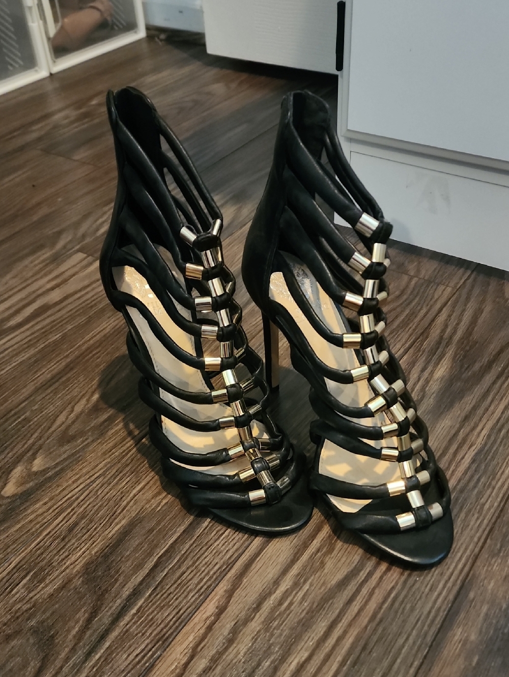 Vince Camuto Black Strappy High-Heel Sandals with Gold Accents